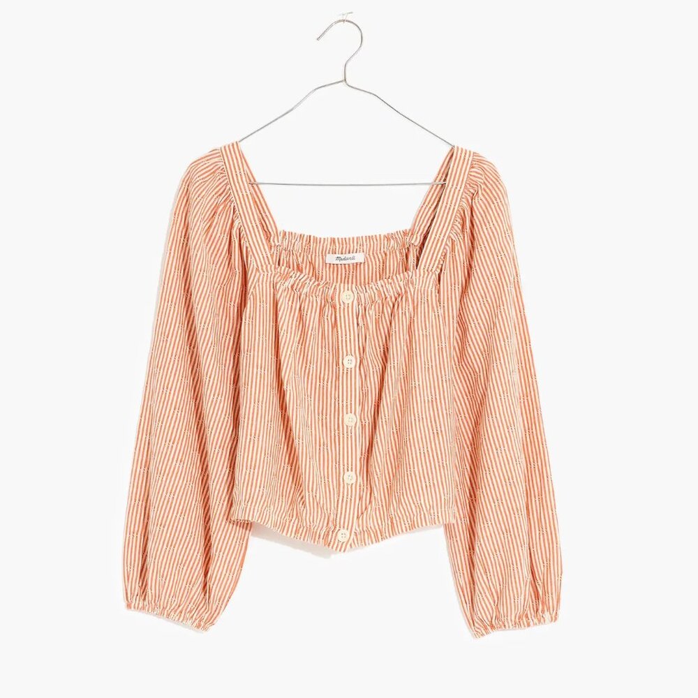 Madewell Puff-Sleeve Button-Front Crop Top in Embroidered Stripe NWT